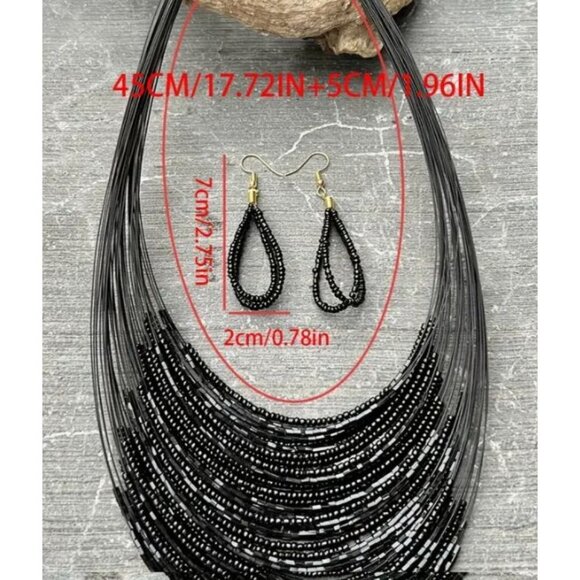 Black Multi-Strand Costume Beaded Necklace & Earrings‎ Set - Picture 3 of 3